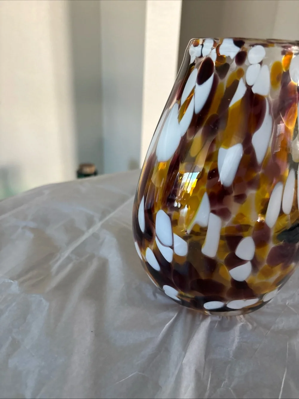 Hand Blown Art Glass Vase White Amber Spots Artisan Studio 7.65” Heavy Solid